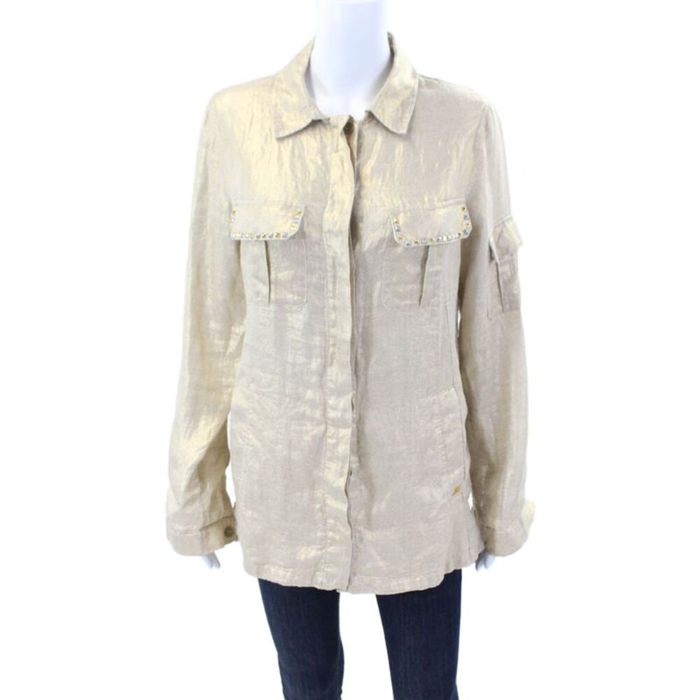 Masons Womens Textured Long Sleeve V-neck Collar Spiked Blouse Beige Size S